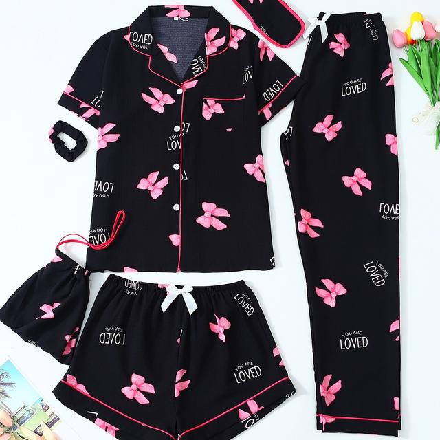 TEMU طقم بيجامة من ستة قطع بطبعة للأطفال بأكمام قصيرة وسروال طويل مع قوس - أسود وردي، أمامية برباط، طوال العام، ملابس نوم عادية | قمة طباعة | بوليستر، للمراهقين