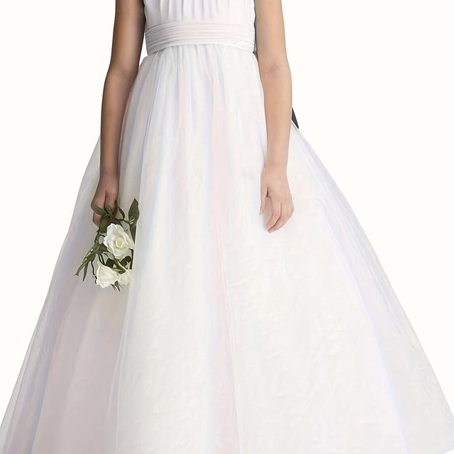 TEMU Elegantes Schulterfreies Weißes Prinzessinnenkleid für Mädchen - Ärmelloses Polyesterkleid mit Rüschen-Detail, Ideal für Schönheitswettbewerbe, Klavierabende, Weihnachts- & Erntedankfeiern