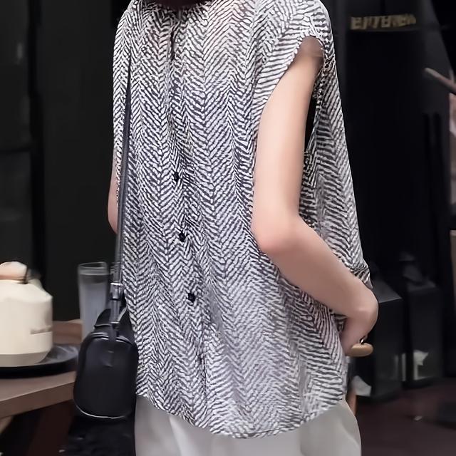 TEMU 여성용 우아한 프린트 셔폰 블라우스 - 루즈핏, 스탠드 칼라, 반팔, 하운드스투트 패턴, 신축성이 없는 소재, 주말 캐주얼 착용에 완벽