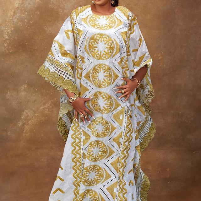 TEMU Plus Size - Golden And White African Bazin Rich | Loose Fit, Embroidered, Batwing Sleeves, Long Length, Crew Neck, Non-stretch Fabric, Suitable For Wedding And