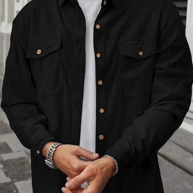 TEMU Herren Trendiges Freizeithemd mit Knopfleiste und Brusttaschen - Langarm, Polyester, , Kragen, Sportlicher Stil für /Herbst Outdoor-Aktivitäten