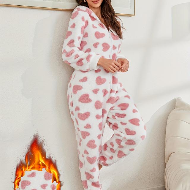 TEMU Women's Hooded Zip-up Onesie Pajamas With Thick Print For Autumn And Winter
