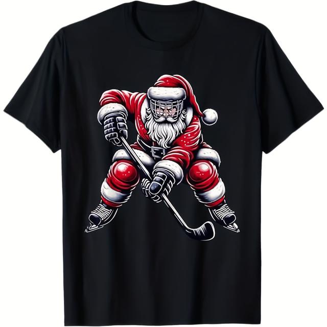 TEMU Men's & Women's Hockey T-shirt - Heavyweight 180gsm Retro Hockey Jersey With Santa Claus #19 , Casual & Sportswear, Unisex S-xxl Sizes, Black With Red/white Print - Ideal For Christmas