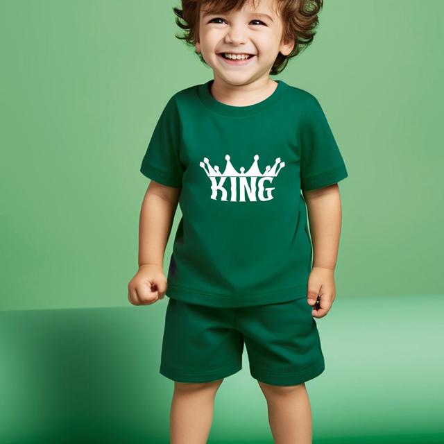 TEMU New Summer Boys Short Sleeve T-shirt Set With Cartoon Solid Color Crown Letter Print And Fashion Shorts Two-piece Set For Outdoor, Outdoor