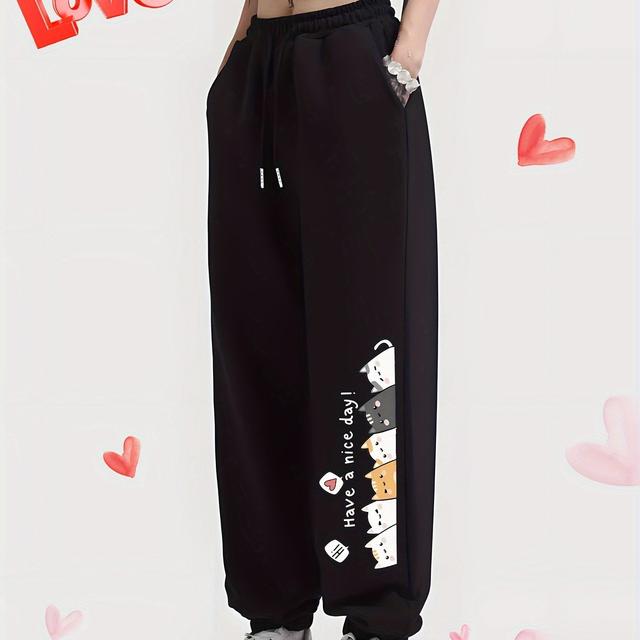 TEMU Print Women's Joggers - Casual & Sporty, Drawstring Waist, Polyester, Machine Washable