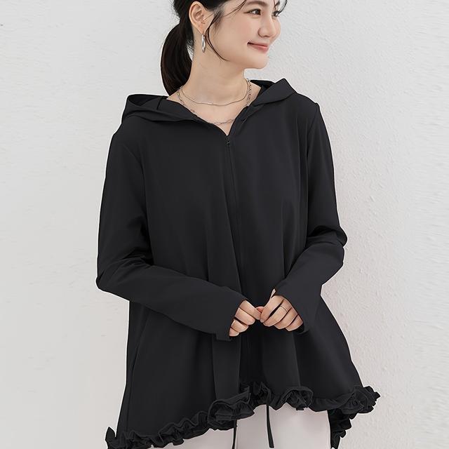 TEMU 2025年夏新作 レディース用アイス長袖カーディガン - ルーズAラインフード付きポケットデザイン、通気性軽量、洗濯機可無地トップ、流れるテクスチャー快適着心地