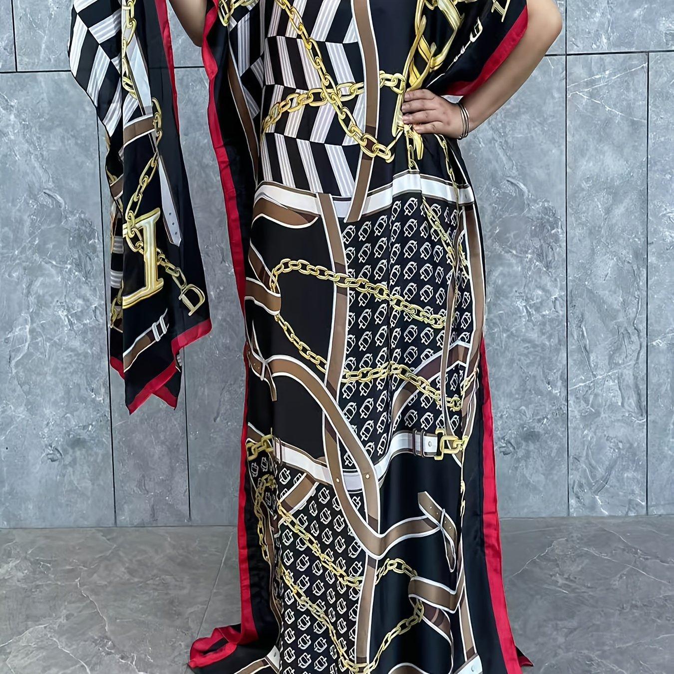 TEMU Plus Size, Plus Size Floral Pattern Longline Dress, Elegant Short Sleeve Crew Neck Dress With Scarf For , Women's Plus Size