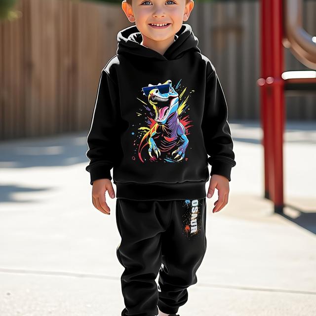 TEMU 소년 가을 유행하는 블랙 다용도 탑과 트렌디한 패턴 & 블랙 트라우저 투피스 세트