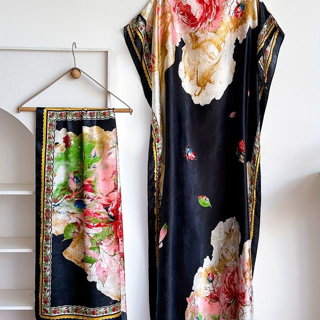 TEMU فستان كفتان بمقاس كبير مع وشاح مجاني - فستان عربي بمقاس كبير، بتصميم H-Line كامل الطول وشق، لباس ضيف فاخر لحفلات الزفاف والحفلات البوهيمية بثيمة (مناسب لجميع )