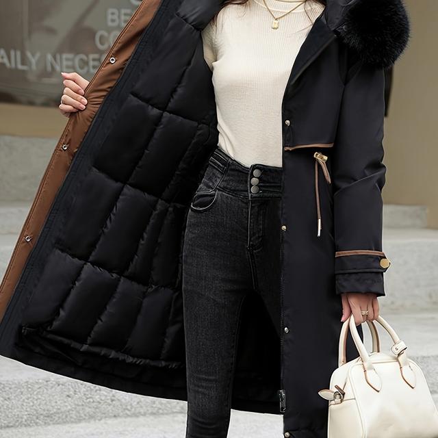 TEMU Plus Size, Winter New Women's Knee-length Parka Coat With Contrast Trim, -lined, Thickened, Adjustable Waist, Double Pockets, Stylish Outerwear