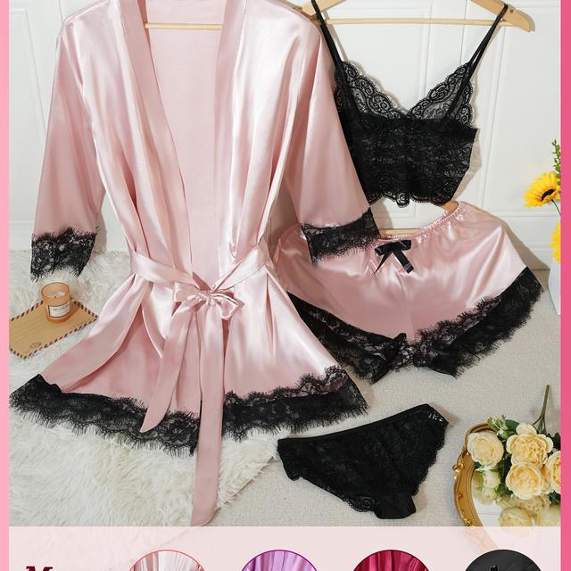 TEMU Ladies' Elegant Style Pajama Set, Soft Fabric, Comfortable, Underwear And Nightgown 4pcs Set