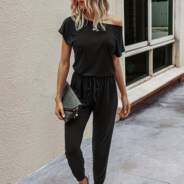 TEMU Jumpsuit mit einer Schulter und Taillenschnürung, lässiger, einfarbiger, kurzärmliger Jumpsuit für Frühling und Sommer, Damenbekleidung