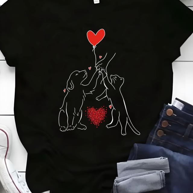 TEMU Plus Size Women's & Cat Heart Balloon Graphic T-shirt - Short Sleeve Crew Neck Casual Top, Machine Washable Fit, Relaxed Fit Tee, Print Shirt, Durable Fabric