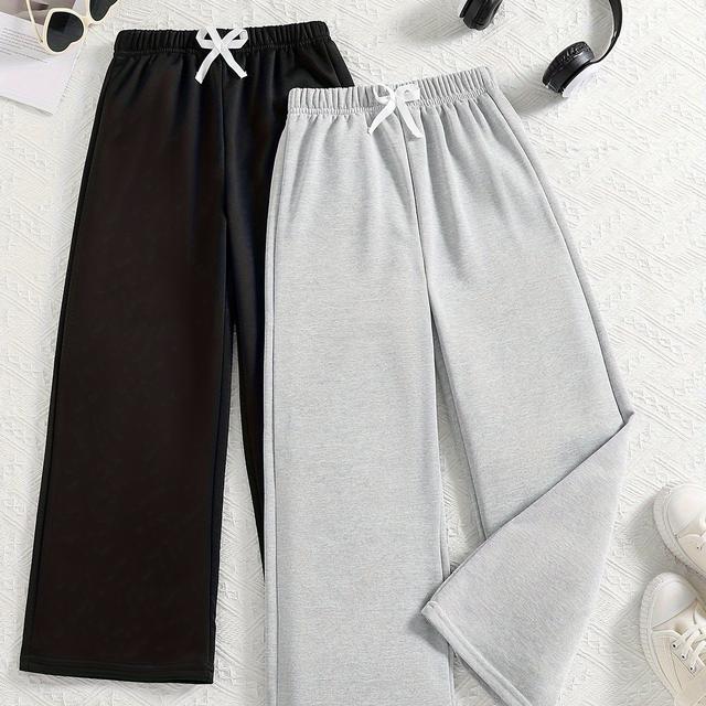 TEMU A Set Of 2 Stylish And Comfortable Pants For Girls, Suitable For Spring And Autumn. Long Straight Pants Feature A Solid Color With A Drawstring And Elastic Waist, Wear. Are Soft, , And Sporty
