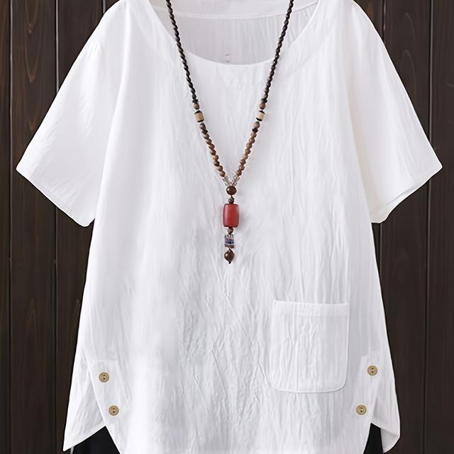 TEMU Chemise Décontractée Femme Grande Taille à Manches Courtes - Col Rond avec Poche Poitrine, Respirante et Lavable en Machine, Toutes . Accessoires Non