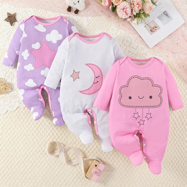 TEMU Three-piece Set Of Baby Onesies With Star, Cloud, And Striped Designs, For Outdoor