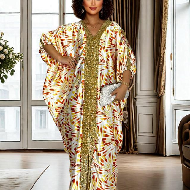 TEMU Robe de kaftan toutes pour femmes avec écharpe, % polyester, motif géométrique, tissu tissé non extensible, couvre-ensemble long et polyvalent pour un décontracté.