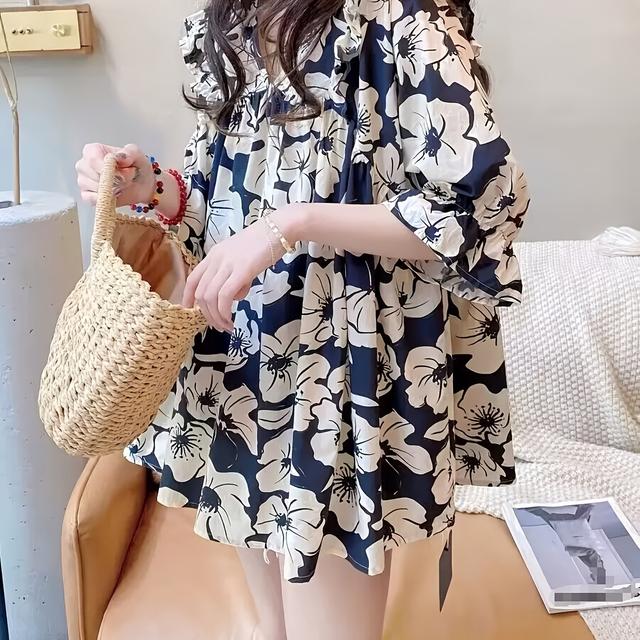 TEMU 【大きいサイズ】大きいサイズ - 花柄ベビードールブラウス。甘いパフスリーブが特徴の韓国風・日本風デザイン。カラーとランタンスリーブがポイント。ルーズフィットで通気性も抜群、洗濯機で洗えます。