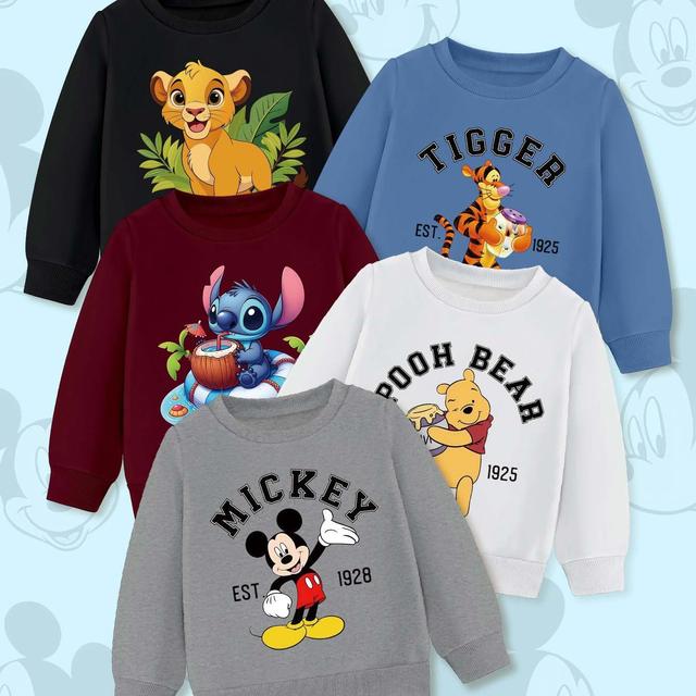 TEMU طقم مكون من 5 قطع، سويت شيرتات بتصميم ديزني بياقة دائرية مع رسومات ستيتش، ميكي، ويني دا بوه، والملك الجراني. سويت شيرتات بأكمام طويلة مناسبة للأولاد، مثالية كهدايا للأولاد