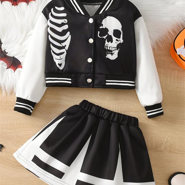 TEMU Halloween Girls' Baseball Jacket And Print Skirt Set
