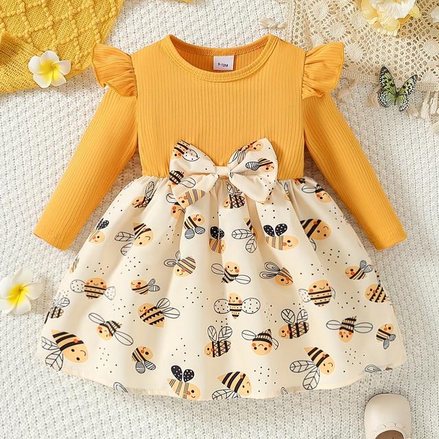 TEMU Robe d'automne pour enfants à col rond, motif d'abeille avec nœud, longueur genou, confortable et tendance