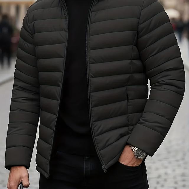 TEMU Men' Jacket, Men's Fall Winter Solid Color Quilted Coat, Men's Casual Zip-up Warm Padded Stand Collar Jacket, Warm Comfortable Fashion Outdoor Casual Wear, This Is The For Gifting