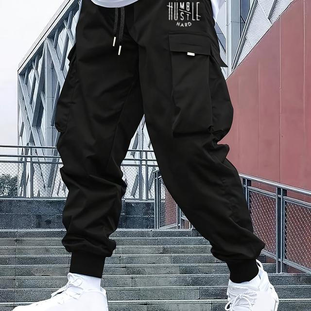 TEMU Men's Casual Cargo Pants With Multiple Pockets & Letter Print - Durable Non-stretch Fabric, Regular -season Workwear-style Trousers For Casual Attire
