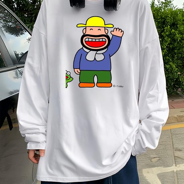 TEMU 【Y2K】オーバーサイズ 長袖 Tシャツ - 白地、面白いアニメキャラ&Urbansuプリント、100%フィット、洗濯機洗い可、メンズ&レディース向け日本のストリートウェアトップ、カジュアルレイヤリングの必需品(日本製) - アニメスタイル、秋のウェア、ルーズフィット、プリント