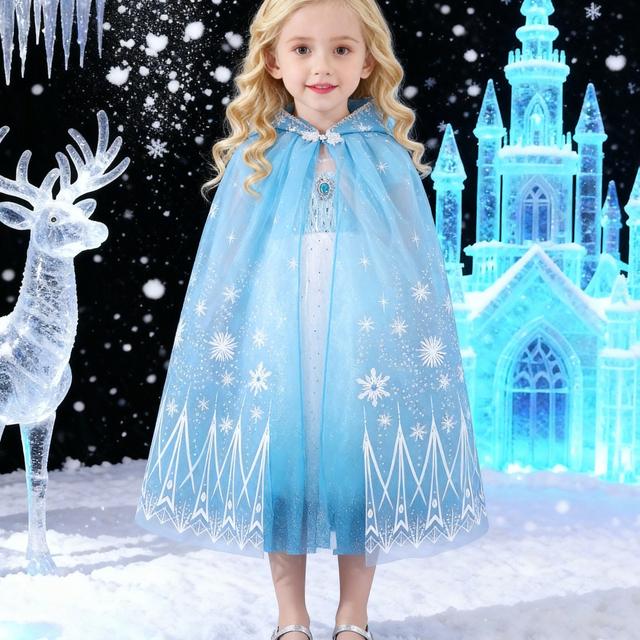 TEMU عباية بناتي مطبوعة بتقطيع الثلج - فستان حفلات طويل 73 سم مع طبقة تول، مثالي للهالوين والكريسماس واحتفالات الشتاء، مثالي للأعمار من 3 إلى 8 سنوات، ملابس شتوية احتفالية | تصميم مرح | قماش مطاطي