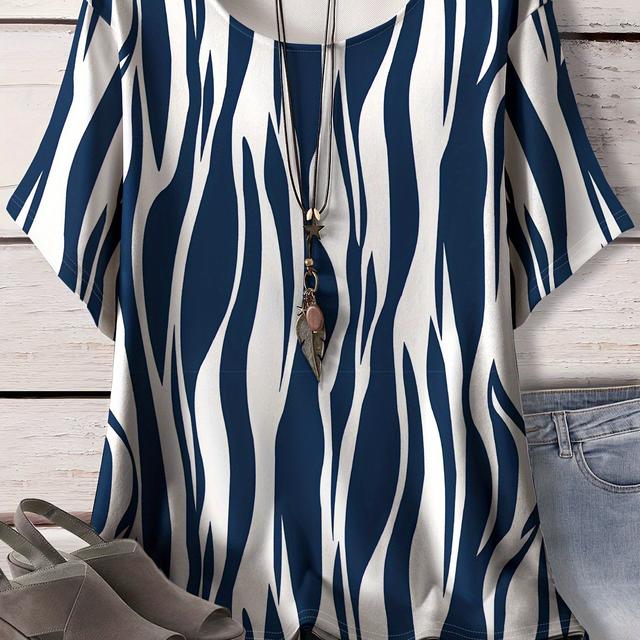 TEMU Women's Plus Size Casual Short Sleeve T-shirt - Navy & White Vertical Stripes All-, Stretchy Round Neck Top, Machine Washable For Everyday , Versatile Clothing, , Nontransparent Fabric