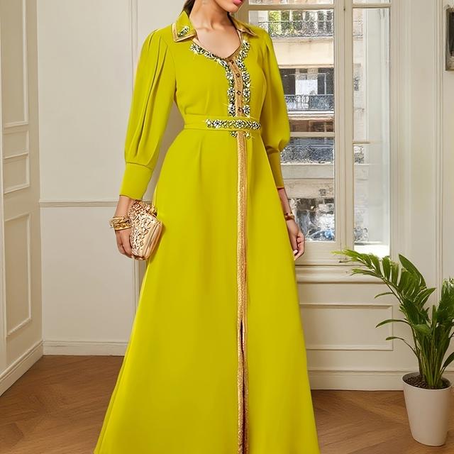 TEMU Elegant Floral Rhinestone Maxi Dress With Lantern Sleeves And Belt - Polyester, Non-stretch, Traditional Wear For All , Collar, Fashion,