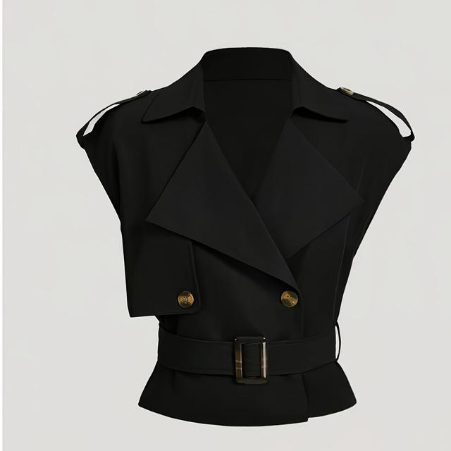 TEMU Black Lapel-tie Short Trench Coat, Vintage Jacket, Holiday Wear