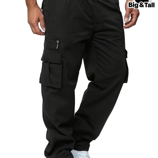 TEMU Men's Plus Size Casual Cargo Pants With Pockets - 100% Polyester Non-stretch Solid Color Regular Trousers