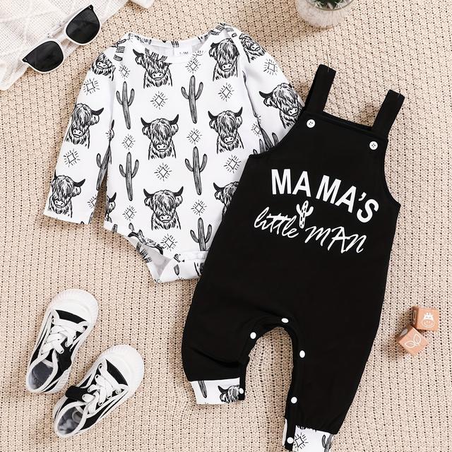 TEMU Neugeborene Baby Jungen & Mädchen Süßer Bequemer Kaktusdruck Langarm Strampler & "MAMA, S Little for Man" Schriftzug Latzhose 2-teiliges Geschenkset, für Draußen