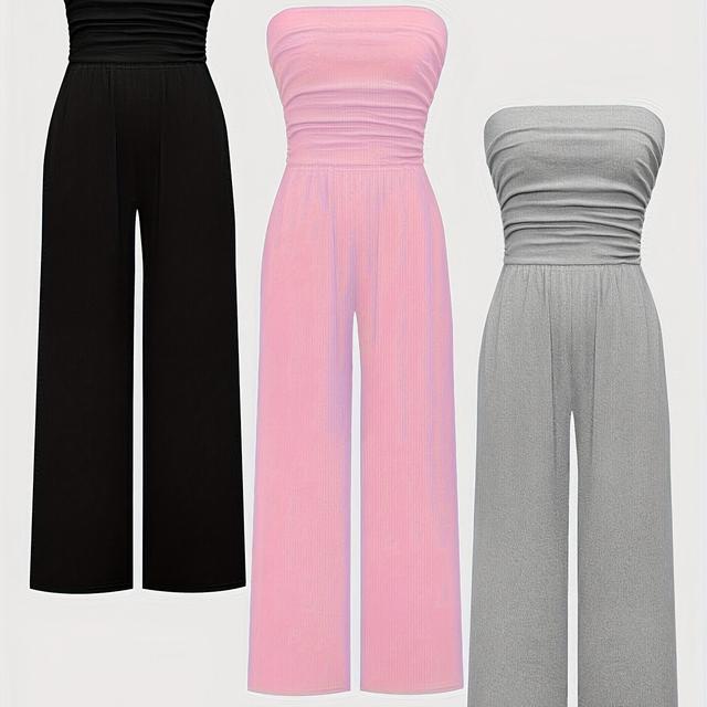 TEMU 3-teiliges Set mit Einfarbiger, Sexy Trägerloser Oberteil und Röhren-Jumpsuit, Weite Gerade Weite Beinhosen
