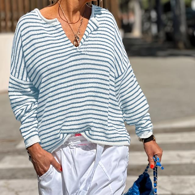 TEMU Talla Grande, Blusa de Cuello en V a Rayas para Mujer Talla Grande