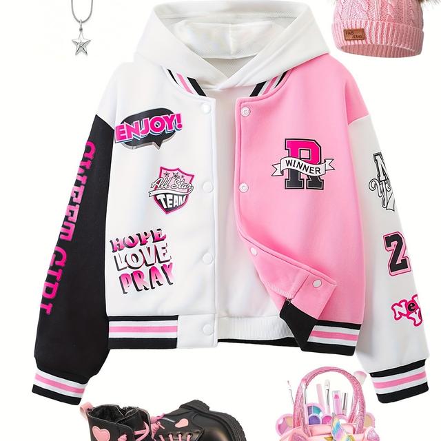 TEMU Girls' Fashionable And Versatile Fall/winter Casual College--block Applique Baseball Collar Long-sleeve Jacket Outerwear, Sizes 130-170