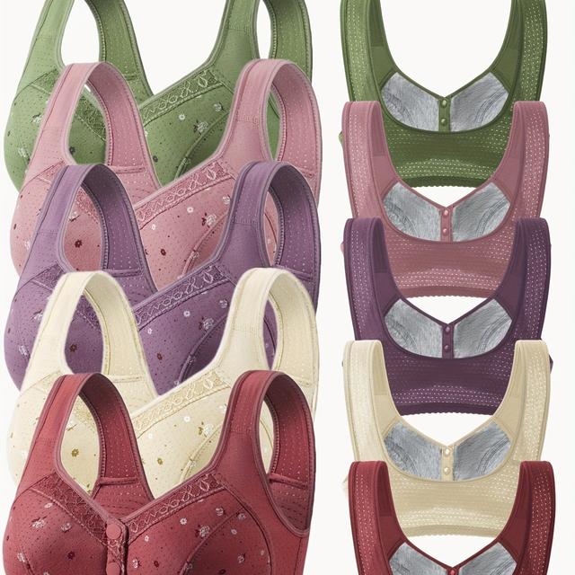 TEMU 5 قطع من حمالات الصدر النسائية الأنيقة بدون أسلاك - إغلاق أمامي، أكواب شبكية قابلة للتنفس، أنماط زهور باللونين الوردي والأخضر والأرجواني والبيج والأحمر، دعم مريح يوميًا