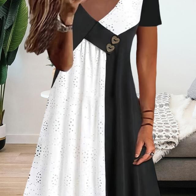 TEMU Plus Size - Plus Size - Nové barevně blokované dámské šaty s výřezem a výstřihem do V