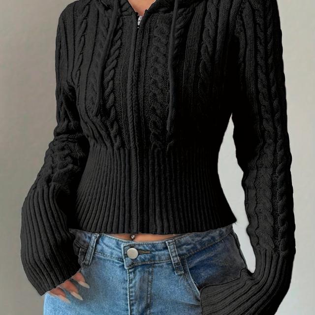 TEMU Women's Autumn Winter American Street Retro Minimalist Textured High-end Solid Color Open Front Zipper Design Slimming Short Elegant Knitted Hooded Cardigan Coat