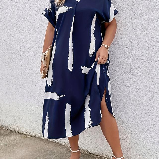 TEMU Plus Size, Plus Size Women's Casual Dress, Polyester Loose V-neck Dress With Random Pattern And Slit Design, Suitable For , Vacations, And Shopping - J212