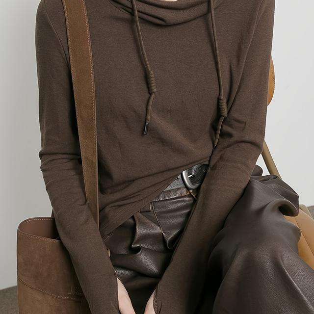 TEMU Hooded Drawstring Solid Color Long-sleeve T-shirt Sweatshirt