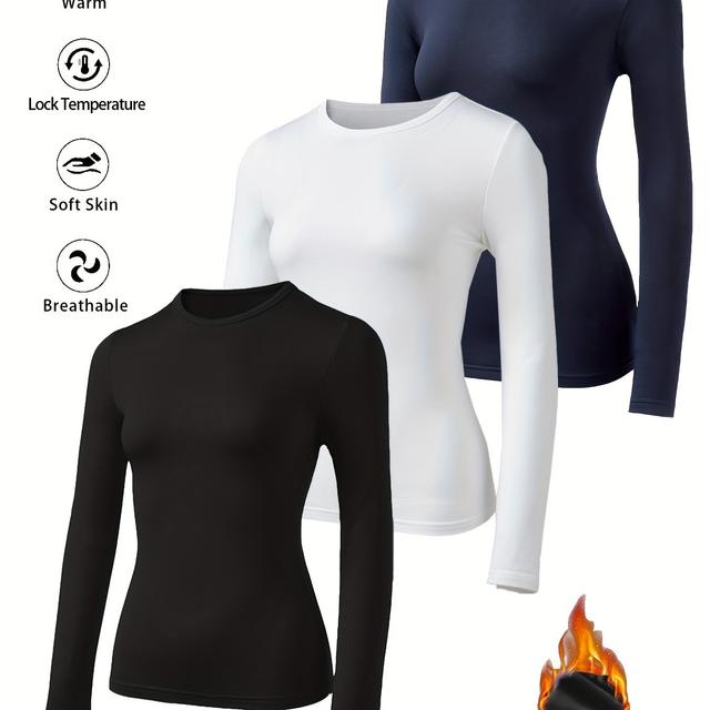 TEMU Women's Thermal Fleece-lined Base Layer Top For Autumn And Winter, Featuring A High-end Feel, Slim Fit, Stretchy , And A Round Neck Long-sleeve Design, Available In -piece Set