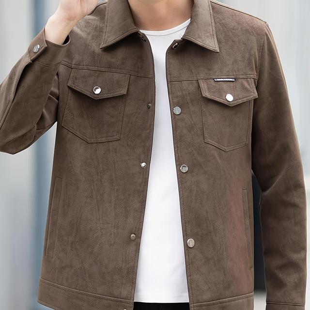 TEMU 남성용 PU 비즈니스 자켓 - 턴 칼라 봄/가을용