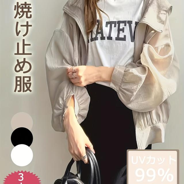 TEMU 女性用日本風軽量フード付きシャツ - 夏のカジュアル長袖トップ、非対称裾&フロント、無地春/秋アウトドア活動用レジャーウェア、生地