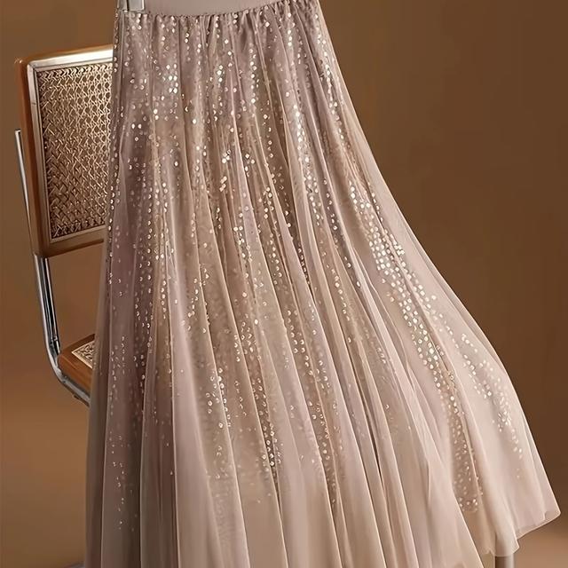 TEMU Elegant Sequin Tulle Midi Skirt - High Waist Slimming Polyester Knit Fabric, Solid Pattern, Long Length Flowy Skirt For Women - Spring/fall Season