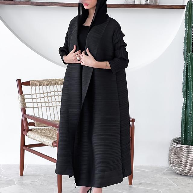 TEMU روب طويل مطوي أسود نقي بنمط دبي الشرقي، عباية فضفاضة مطوية بتصميم KK بسيط، فستان إفطار رمضان مسلم، كارديجان كلاسيكي متعدد الاستخدامات بأكمام طويلة، معطف ترانش أنيق ومقاس كبير، نمط أساسي