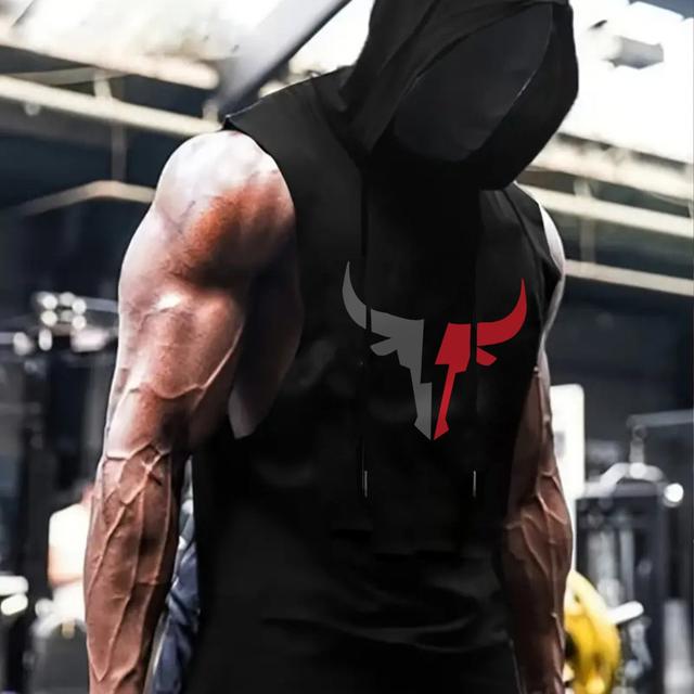 TEMU Kreatives Herren T-Shirt mit Kapuze und Horn-Print für Fitness und Freizeit