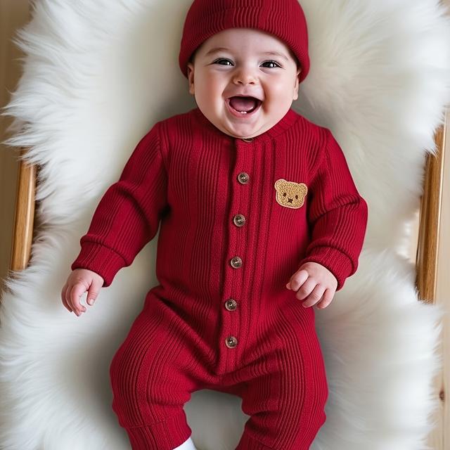 TEMU En enfärgad onesie för babykillar, och , med en söt avslappnad stil som passar för utomhuslek, semestrar och vardagsbruk under höst- och vintersäsongen. Röd babyonesie