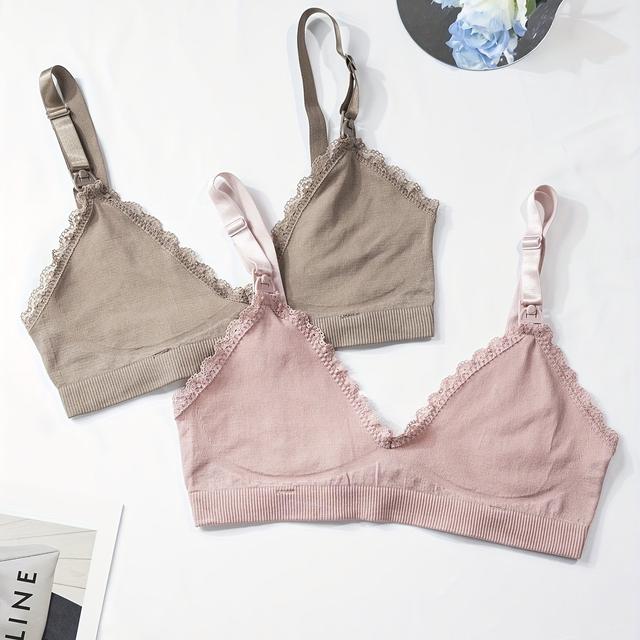 TEMU 2pcs Lace Trim Maternity Bra Set, Front Closure For Nursing